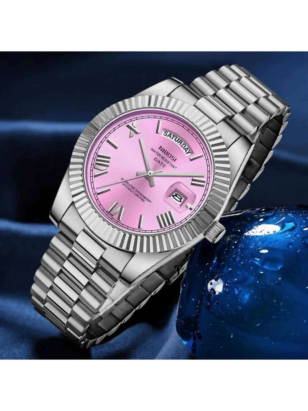 Nibosi Men's Silver Pink Analog Quartz Stainless Waterproof Desiger Wrist Watch